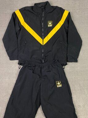 US Army Windbreaker Track Suit Jacket Pants Mens Large Black Yellow Nylon APFU